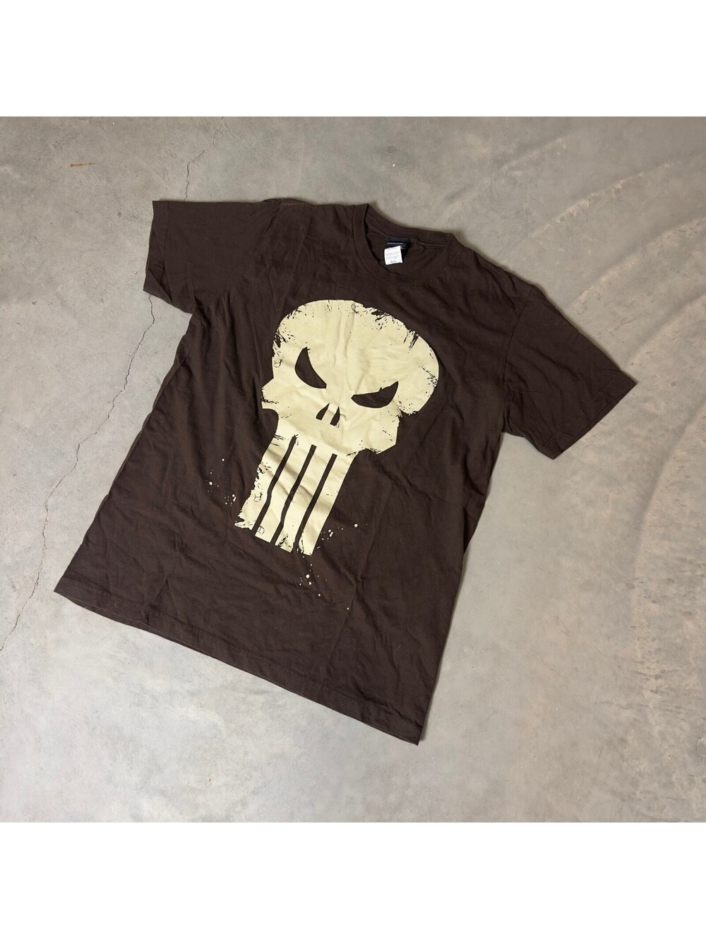Y2K Marvel Mad Engine Punisher Skull T-Shirt Mens L Brown